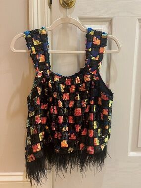 QUEEN OF SPARKLES Black Sequin Patchwork Feather Hem Tank Top